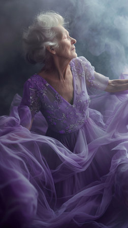 Portrait of a beautiful senior woman in a purple dress with smokeの素材
