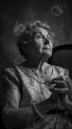 Portrait of an elderly woman sitting in a chair. Black and white.の素材