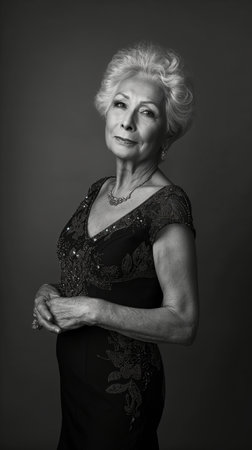 Black and white portrait of an elderly woman in a black dress.の素材