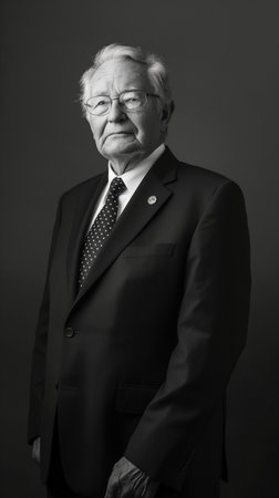 Portrait of an elderly man in a suit on a dark backgroundの素材
