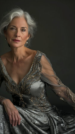 Portrait of a beautiful mature woman in a silver dress on a gray backgroundの素材