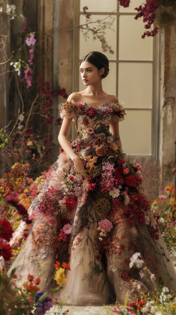 Beautiful young woman in a long dress with a bouquet of flowersの素材