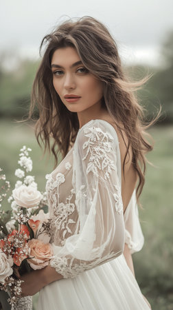 Portrait of a beautiful girl in a white wedding dress with a bouquet of flowersの素材