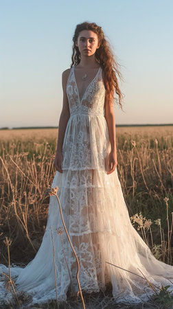 Beautiful girl in white wedding dress on wheat field at sunset.の素材