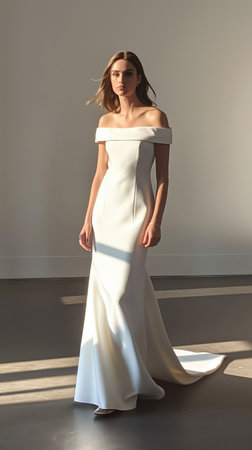 beautiful young woman in white wedding dress posing in room with sunlightの素材