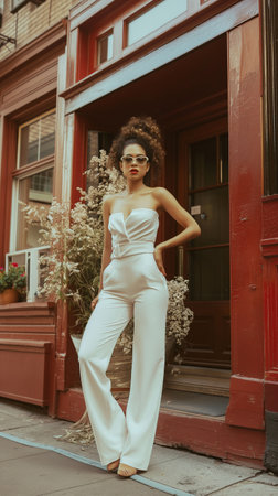 young pretty african american woman in fashion white clothes posing on city street, lifestyle people conceptの素材