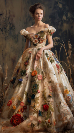Portrait of a beautiful girl in a long dress with flowers.の素材