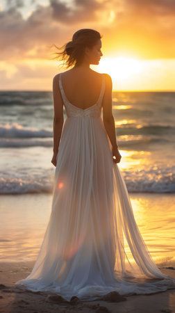 Beautiful woman in white wedding dress walking on the beach at sunsetの素材