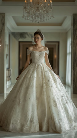 Beautiful bride in white wedding dress posing in the room. Fashion photoの素材