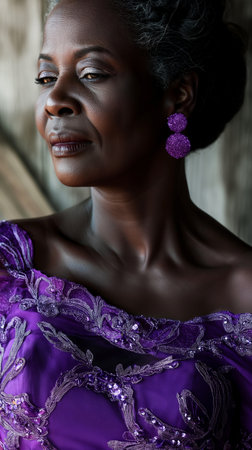 Portrait of beautiful African American woman in purple dress.の素材