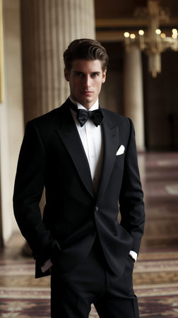Portrait of a handsome young man in tuxedo and bow tieの素材