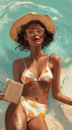 Beautiful girl in swimsuit reading a book on the beach.の素材