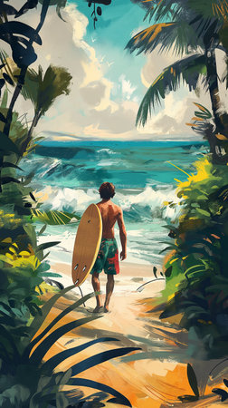 Surfer with surfboard on the beach. Illustration. Digital painting.の素材