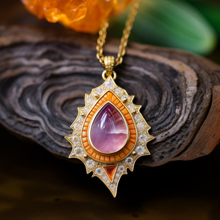 Beautiful gold pendant with gemstone on a wooden background.の素材