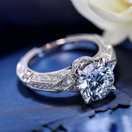 Jewelry diamond ring on a blue background with a white flowerの素材