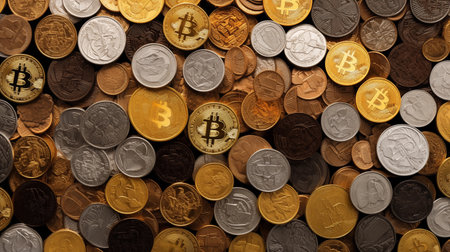 Close up of a pile of coins with a bitcoin symbol in the middleの素材
