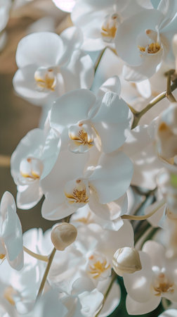 White orchids in a vase on a wooden table.の素材