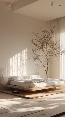 3D render of a modern bedroom with white walls and wooden floorの素材