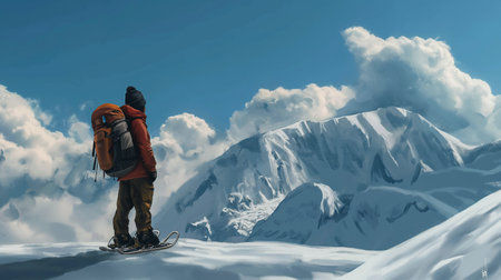 Hiker with a backpack standing on the top of the mountain. 3D renderingの素材