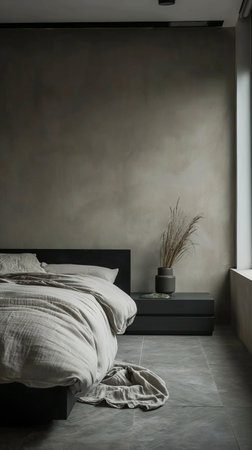 Luxury bedroom interior with bed and black bedside table. Nobody insideの素材