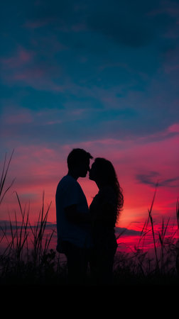 Silhouette of young couple kissing on the sunset sky background.の素材