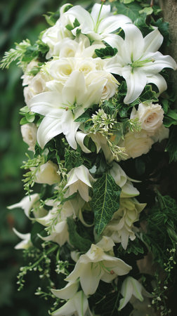 Wedding bouquet of white lilies and green leaves.の素材