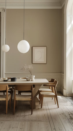 Dining room interior with wooden table and chairs, 3d renderの素材