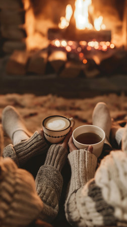 Couple in warm sweaters holding cups of tea near fireplace at homeの素材