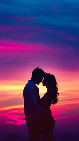 Silhouette of young couple kissing on sunset background. Love conceptの素材
