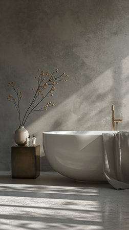 Bathroom interior with a white bathtub and a vase with dried flowers. 3d renderの素材