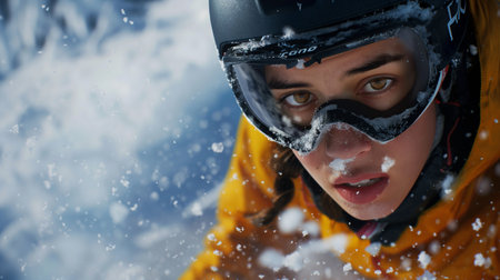 Portrait of a woman snowboarder in a helmet and gogglesの素材