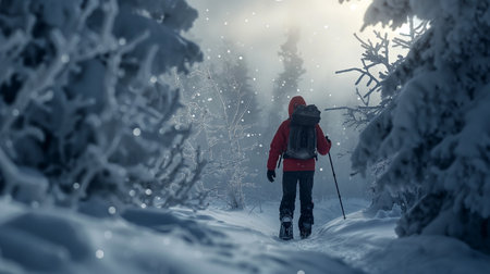 Winter hiking in the mountains on snowshoes with a backpack and tent.の素材