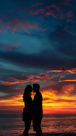 Silhouette of a loving couple on the beach at sunset.の素材