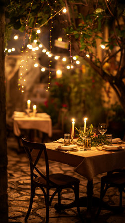 Tables set for a romantic dinner in the old town of Rhodes, Greeceの素材