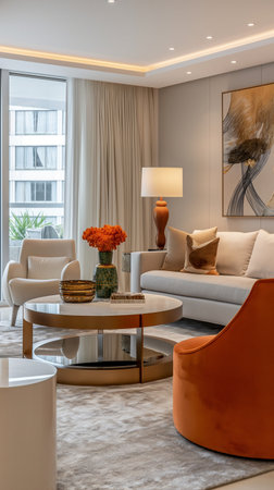 Luxury living room interior with orange sofa, coffee table, coffee table and flower in vaseの素材