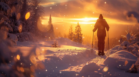 Hiker in winter mountains at sunset with snowshoes and polesの素材