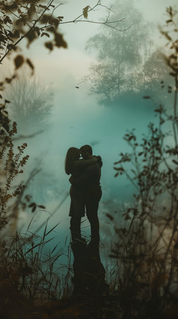 Young couple in love kissing and hugging each other in a foggy forestの素材