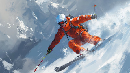 Snowboarder in orange helmet and goggles jumping high on snowy mountains.の素材