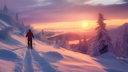 Winter hiking in the mountains on snowshoes with a backpack and tent.の素材