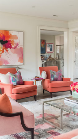 Interior of a living room with pink sofa and coffee table.の素材