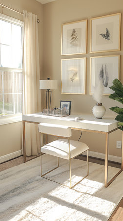 Interior of a living room with a desk, lamp and plantsの素材