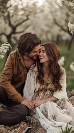 Beautiful young couple in love sitting on the grass in the blooming gardenの素材