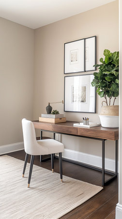 Modern scandinavian bathroom interior with wooden table and chair. Nobody insideの素材