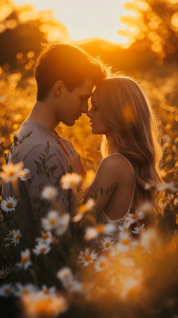 Young couple kissing in the field of daisies at sunset.の素材