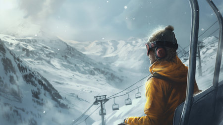 A girl in a yellow jacket and ski goggles is sitting in a chairlift and looking at the mountains.の素材