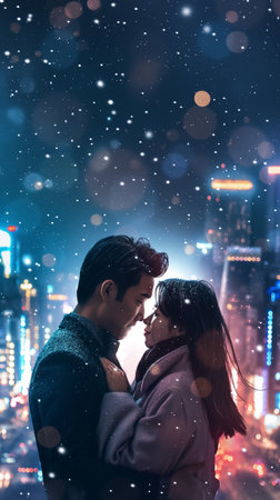 Double exposure of young loving couple against night cityscape and falling snowの素材