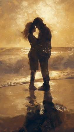 Couple in love kissing on the beach at sunset. Digital paintingの素材
