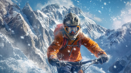 Mountain bike rider in helmet and glasses on the background of snowy mountains.の素材
