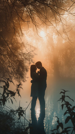 Silhouette of a loving couple in a foggy forest.の素材
