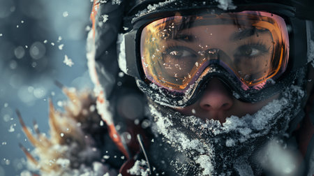 Portrait of a girl in a helmet and goggles on a background of snowの素材